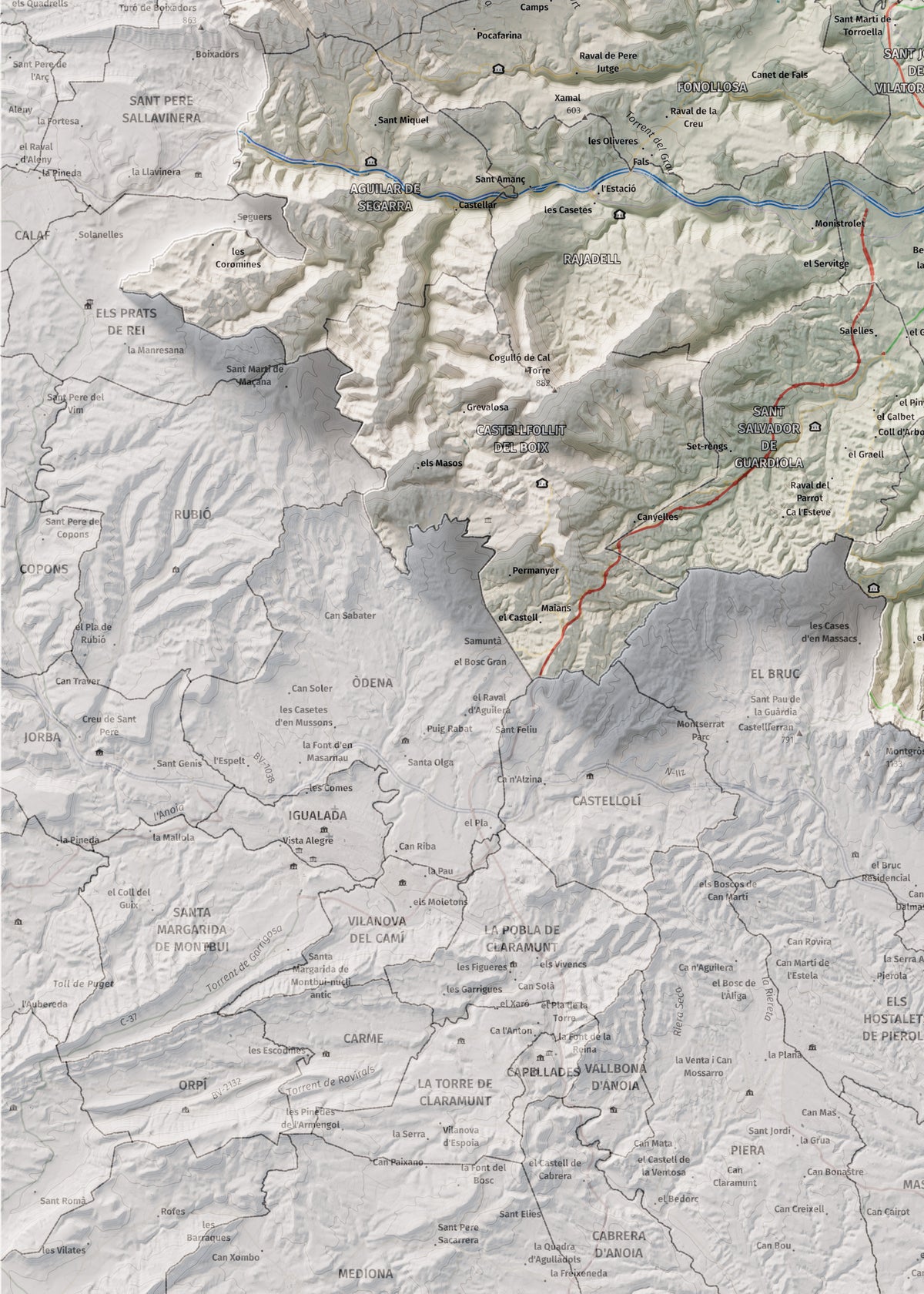 Mapa de relleu del Bages, amb el territori en color i l’entorn en blanc. Detall de la part inferior esquerra. 50 × 70 cm. Estil Cartogràfic.