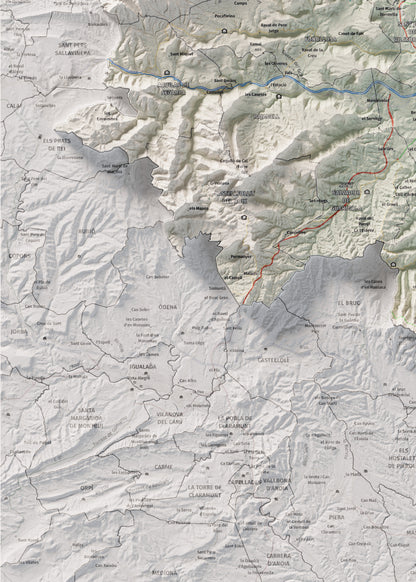Mapa de relleu del Bages, amb el territori en color i l’entorn en blanc. Detall de la part inferior esquerra. 50 × 70 cm. Estil Cartogràfic.