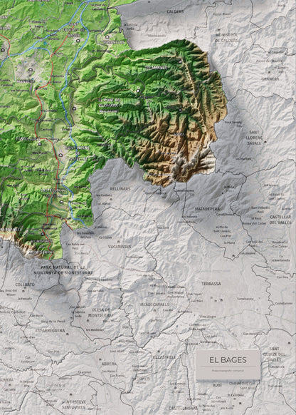 Mapa de relleu del Bages, amb el territori en color i l’entorn en blanc. Detall de la part inferior dreta. 50 × 70 cm. Estil Clàssic.