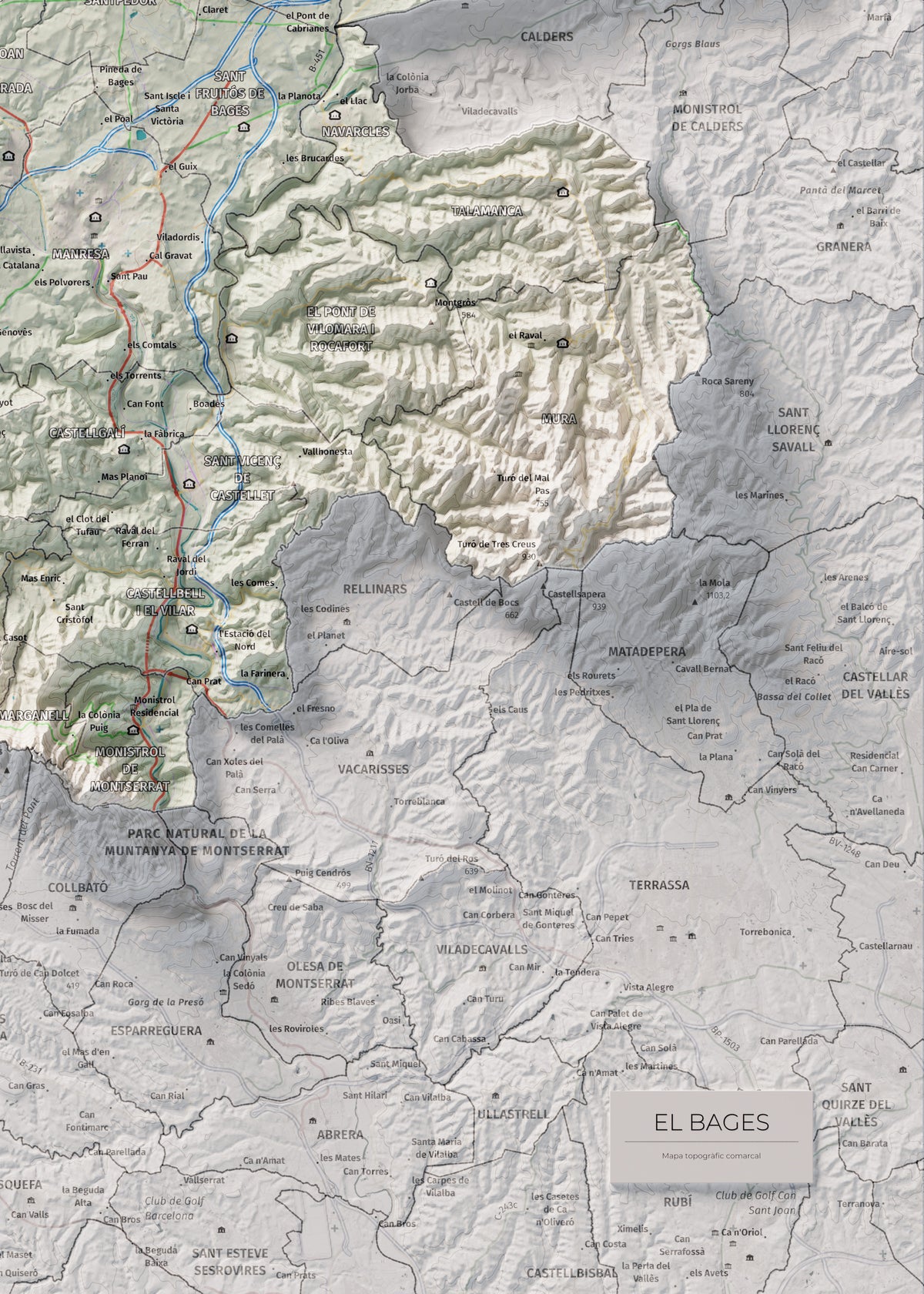 Mapa de relleu del Bages, amb el territori en color i l’entorn en blanc. Detall de la part inferior dreta. 50 × 70 cm. Estil Cartogràfic.