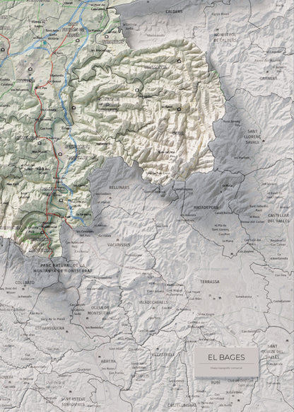 Mapa de relleu del Bages, amb el territori en color i l’entorn en blanc. Detall de la part inferior dreta. 50 × 70 cm. Estil Cartogràfic.