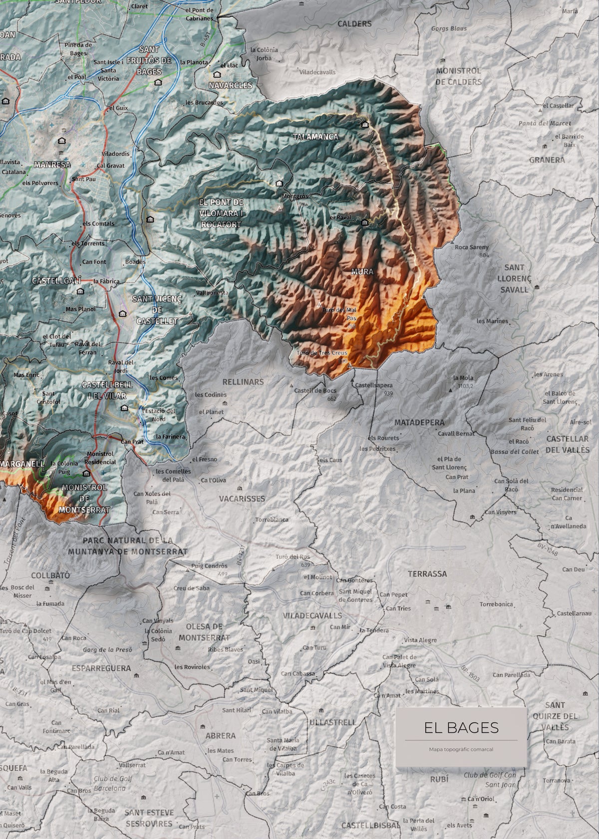 Mapa de relieve del Bages, con el territorio en color y el entorno en blanco. Detalle de la zona inferior derecha. 50 × 70 cm. Estilo Azul y naranja. Agua del mapa en blanco.