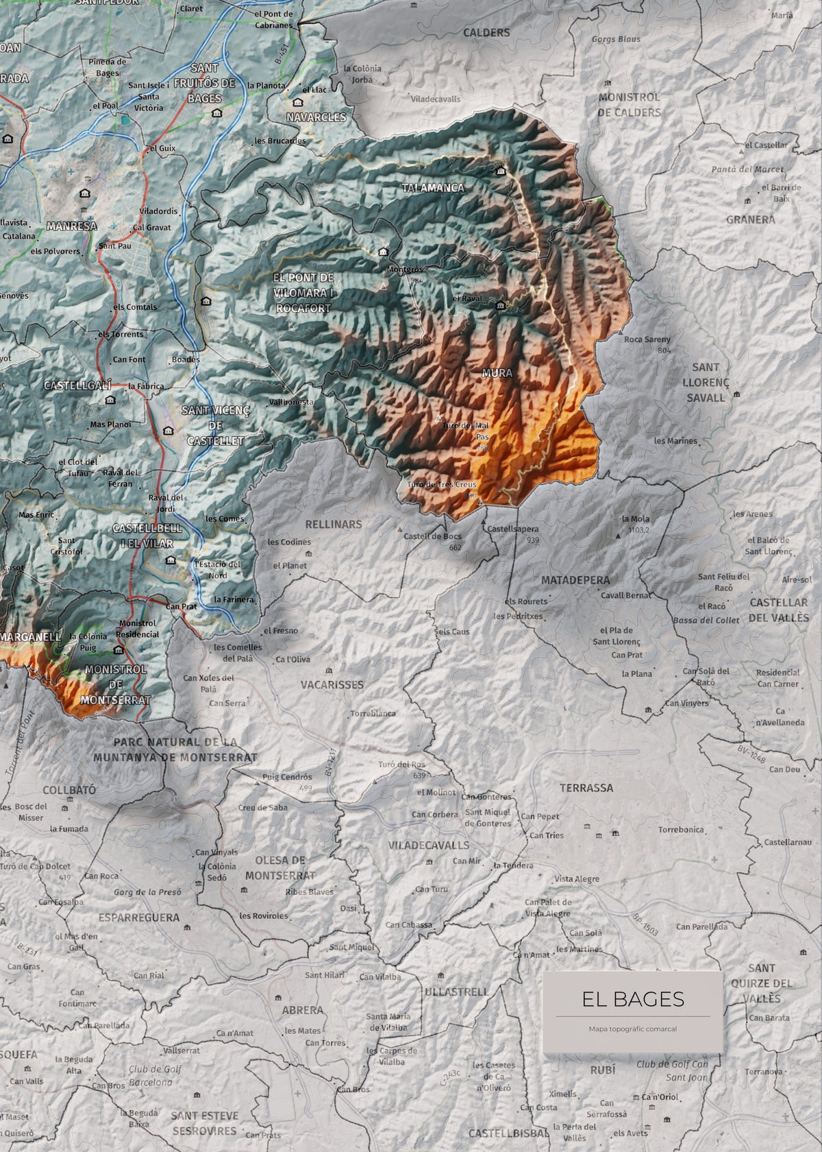 Mapa de relleu del Bages, amb el territori en color i l’entorn en blanc. Detall de la part inferior dreta. 50 × 70 cm. Estil Blau i taronja.
