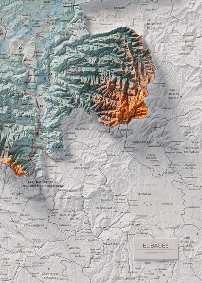 Mapa de relleu del Bages, amb el territori en color i l’entorn en blanc. Detall de la part inferior dreta. 50 × 70 cm. Estil Blau i taronja.
