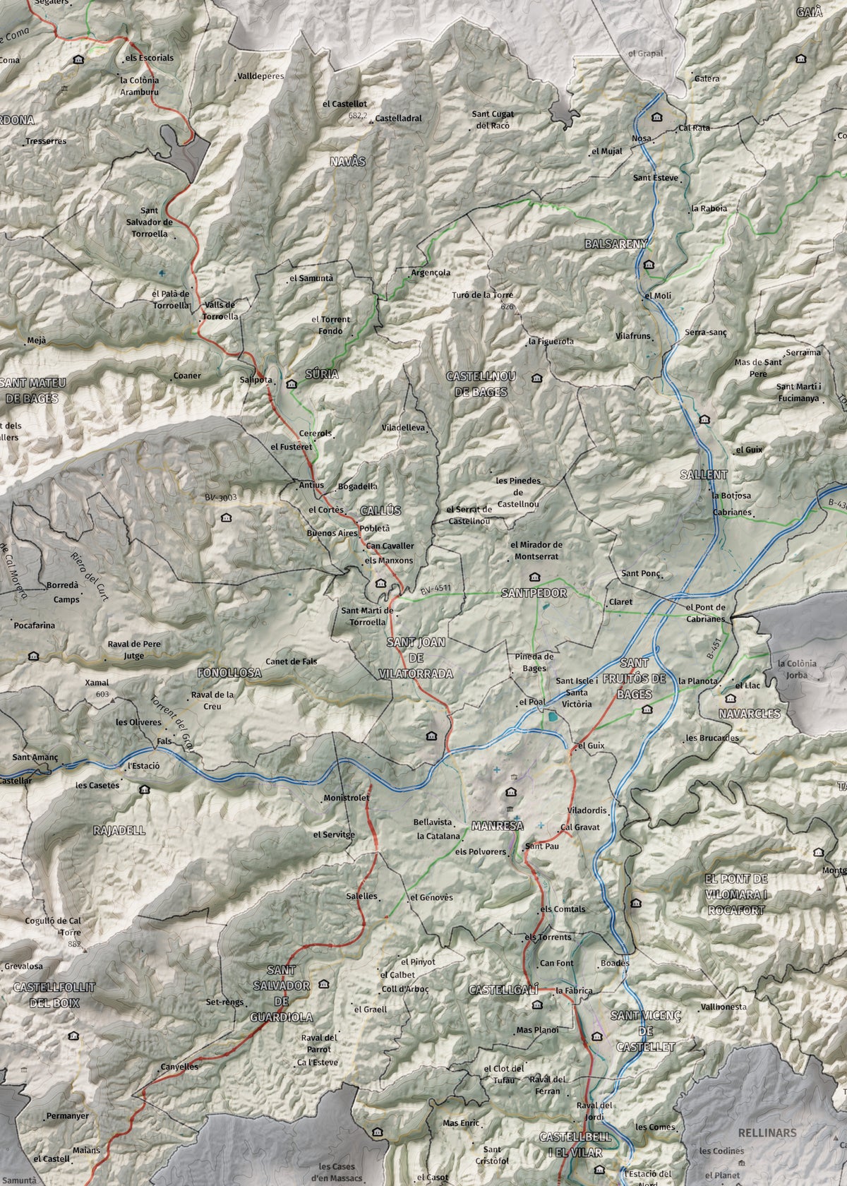 Mapa de relleu del Bages, amb el territori en color i l’entorn en blanc. Detall de la part central. 50 × 70 cm. Estil Cartogràfic.