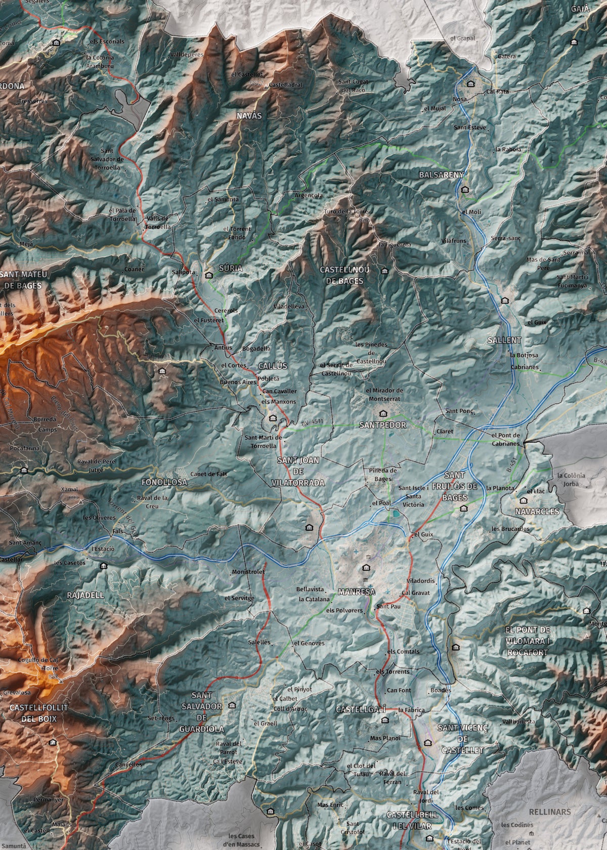 Mapa de relleu del Bages, amb el territori en color i l’entorn en blanc. Detall de la part central. 50 × 70 cm. Estil Blau i taronja.
