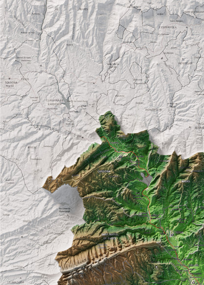 Mapa de relleu del Bages, amb el territori en color i l’entorn en blanc. Detall de la part superior esquerra. 50 × 70 cm. Estil Clàssic.
