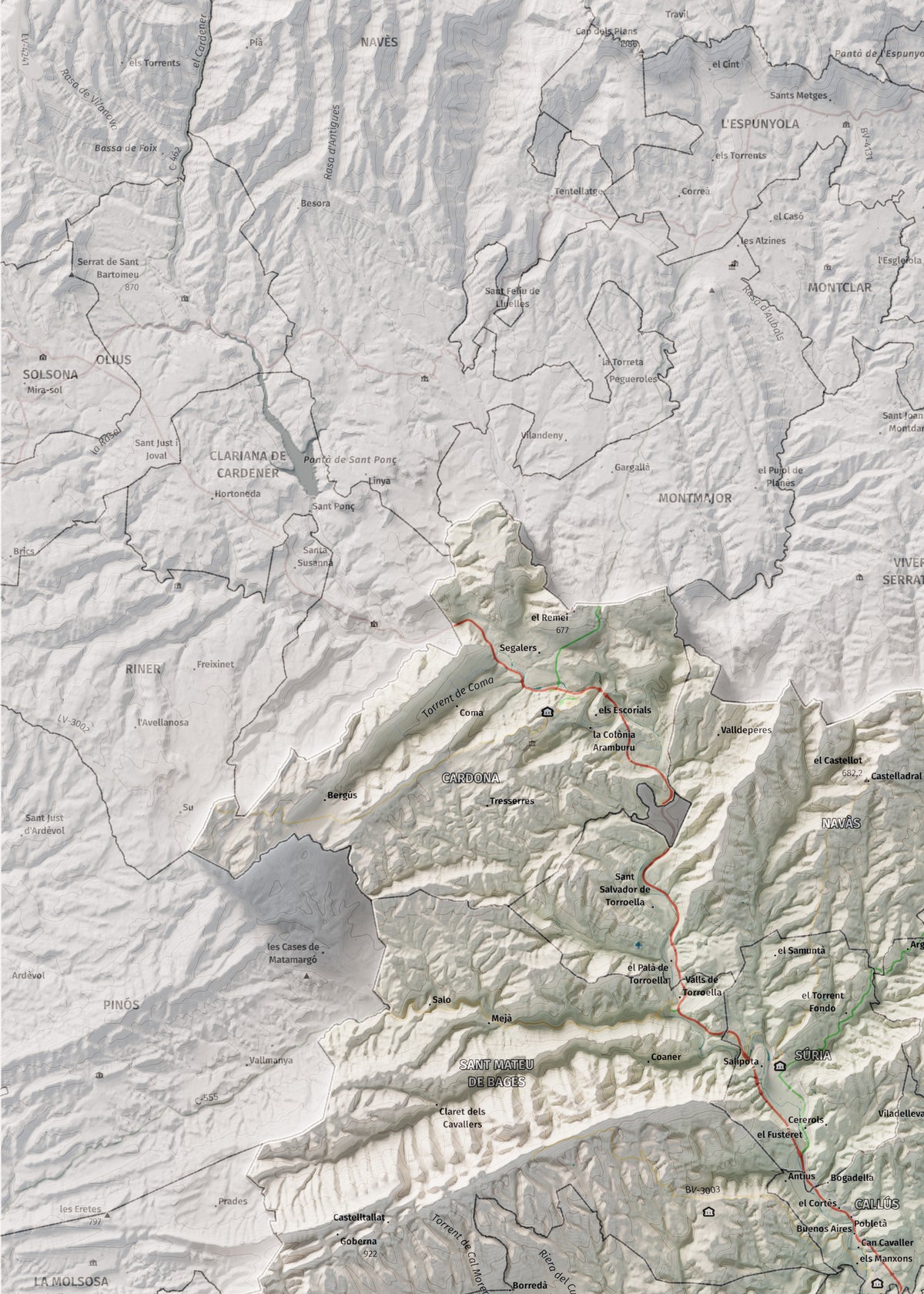 Mapa de relleu del Bages, amb el territori en color i l’entorn en blanc. Detall de la part superior esquerra. 50 × 70 cm. Estil Cartogràfic.