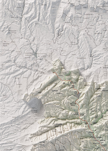 Mapa de relleu del Bages, amb el territori en color i l’entorn en blanc. Detall de la part superior esquerra. 50 × 70 cm. Estil Cartogràfic.