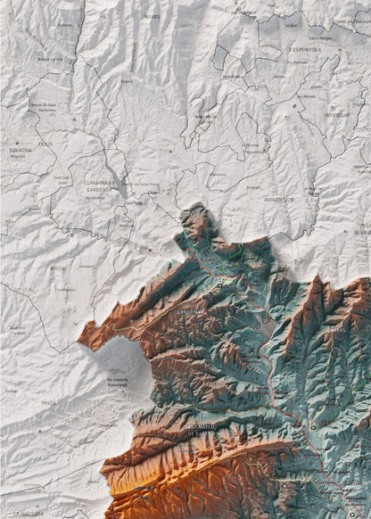 Mapa de relleu del Bages, amb el territori en color i l’entorn en blanc. Detall de la part superior esquerra. 50 × 70 cm. Estil Blau i taronja.