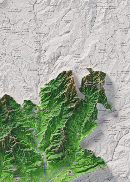 Mapa de relleu del Bages, amb el territori en color i l’entorn en blanc. Detall de la part superior dreta. 50 × 70 cm. Estil Clàssic.