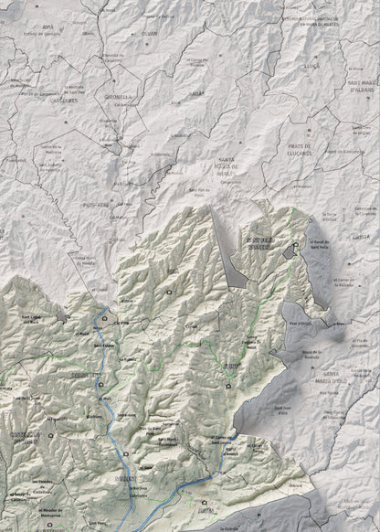 Mapa de relleu del Bages, amb el territori en color i l’entorn en blanc. Detall de la part superior dreta. 50 × 70 cm. Estil Cartogràfic.