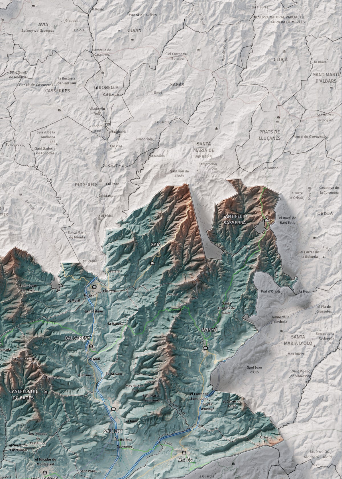 Mapa de relleu del Bages, amb el territori en color i l’entorn en blanc. Detall de la part superior dreta. 50 × 70 cm. Estil Blau i taronja.