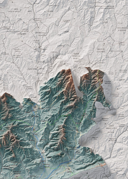 Mapa de relleu del Bages, amb el territori en color i l’entorn en blanc. Detall de la part superior dreta. 50 × 70 cm. Estil Blau i taronja.