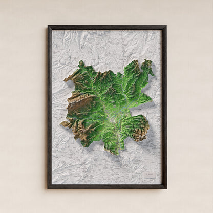 Mapa de relleu del Bages, amb el territori en color i l’entorn en blanc. Presentació amb marc. 50 × 70 cm. Estil Clàssic.