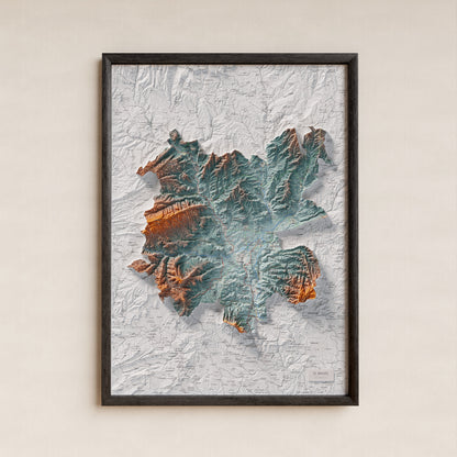 Mapa de relleu del Bages, amb el territori en color i l’entorn en blanc. Presentació amb marc. 50 × 70 cm. Estil Blau i taronja.