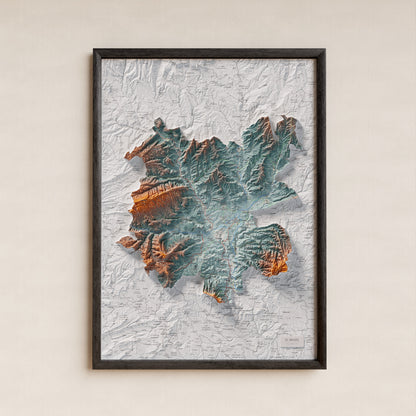 Mapa de relieve del Bages, con el territorio en color y el entorno en blanco. Presentación con marco. 50 × 70 cm. Estilo Azul y naranja. Agua del mapa en blanco.