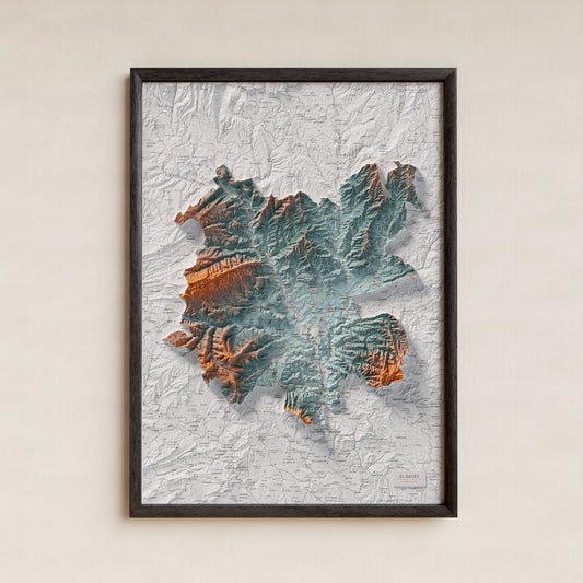 Mapa de relleu del Bages, amb el territori en color i l’entorn en blanc. Presentació amb marc. 50 × 70 cm. Estil Contrastat. Aigua del mapa en blanc.