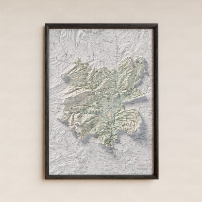 Mapa de relleu del Bages, amb el territori en color i l’entorn en blanc. Presentació amb marc. 50 × 70 cm. Estil Cartogràfic.