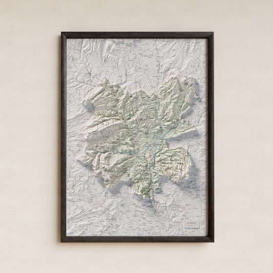 Mapa de relieve de Bages, con el territorio en color y el entorno en blanco. Presentación con marco. 50 × 70 cm. Estilo Cartográfico.