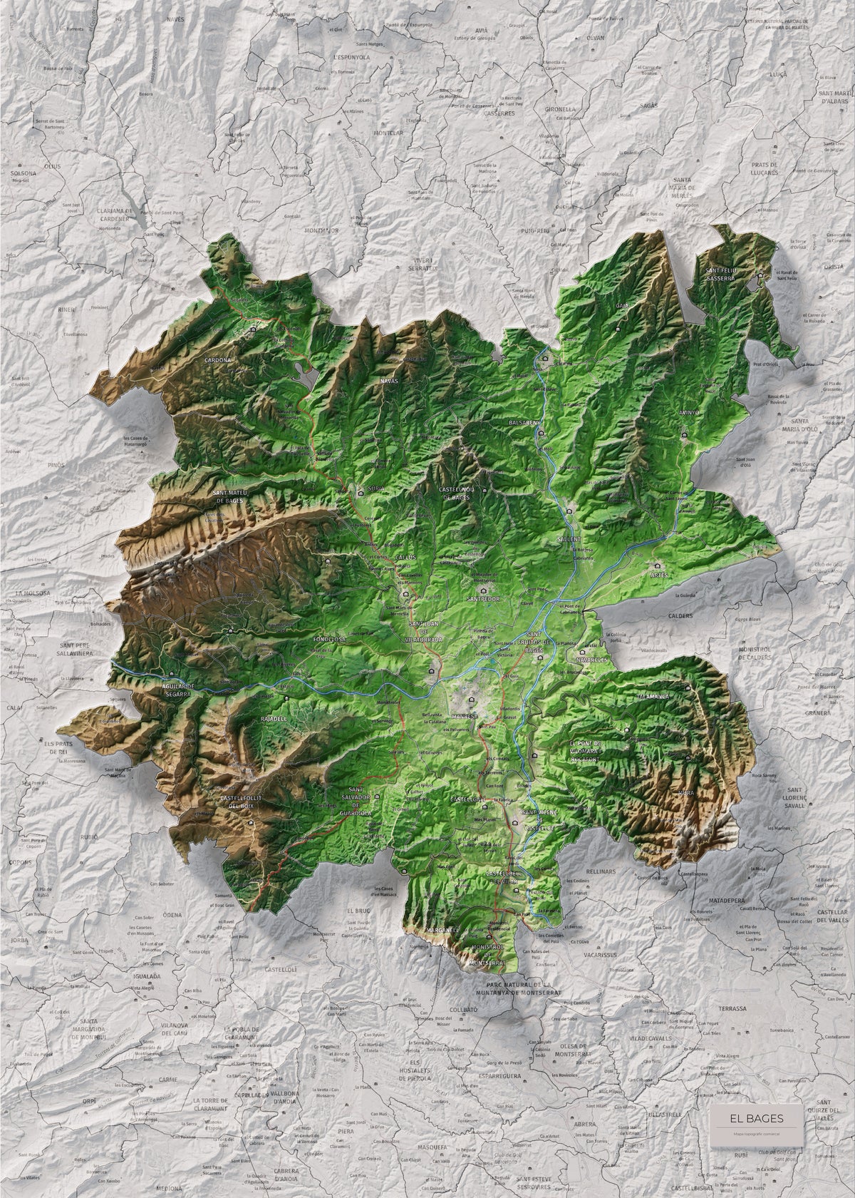 Mapa de relleu del Bages, amb el territori en color i l’entorn en blanc. Vista completa de la làmina. 50 × 70 cm. Estil Clàssic.