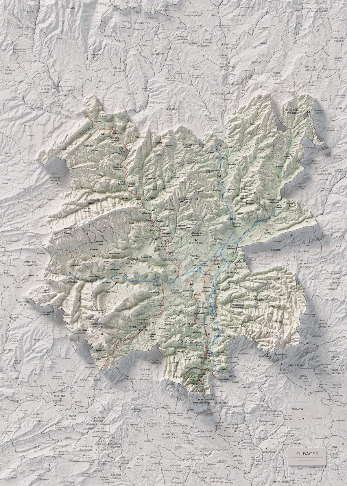 Mapa de relleu del Bages, amb el territori en color i l’entorn en blanc. Vista completa de la làmina. 50 × 70 cm. Estil Cartogràfic.