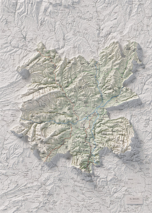Mapa de relieve de Bages, con el territorio en color y el entorno en blanco. Vista completa de la lámina. 50 × 70 cm. Estilo Cartográfico.