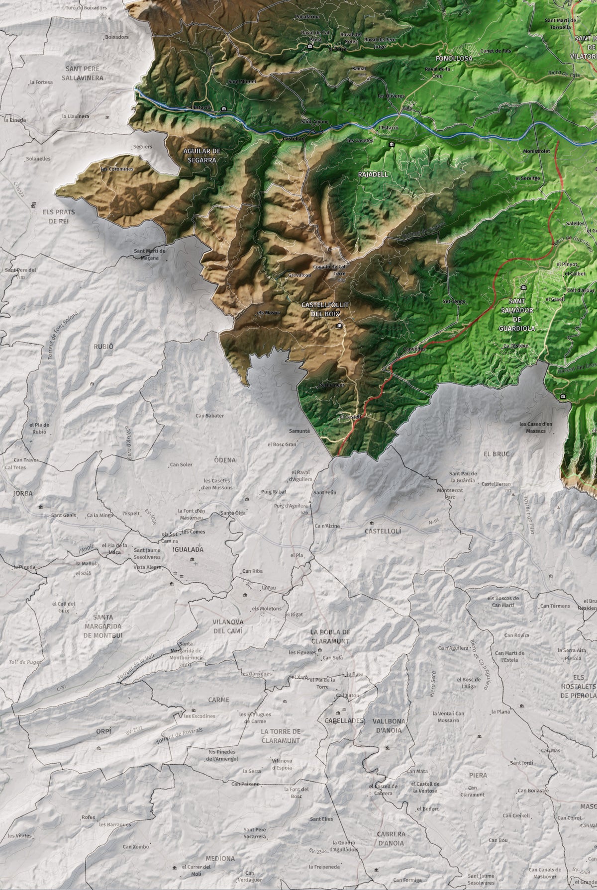 Mapa de relleu del Bages, amb el territori en color i l’entorn en blanc. Detall de la part inferior esquerra. 61 × 91 cm. Estil Clàssic.