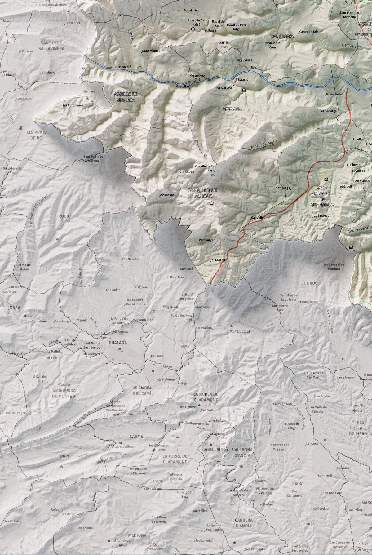 Mapa de relleu del Bages, amb el territori en color i l’entorn en blanc. Detall de la part inferior esquerra. 61 × 91 cm. Estil Cartogràfic.
