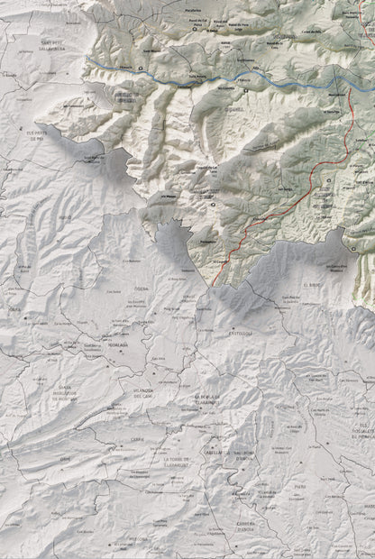 Mapa de relleu del Bages, amb el territori en color i l’entorn en blanc. Detall de la part inferior esquerra. 61 × 91 cm. Estil Cartogràfic.