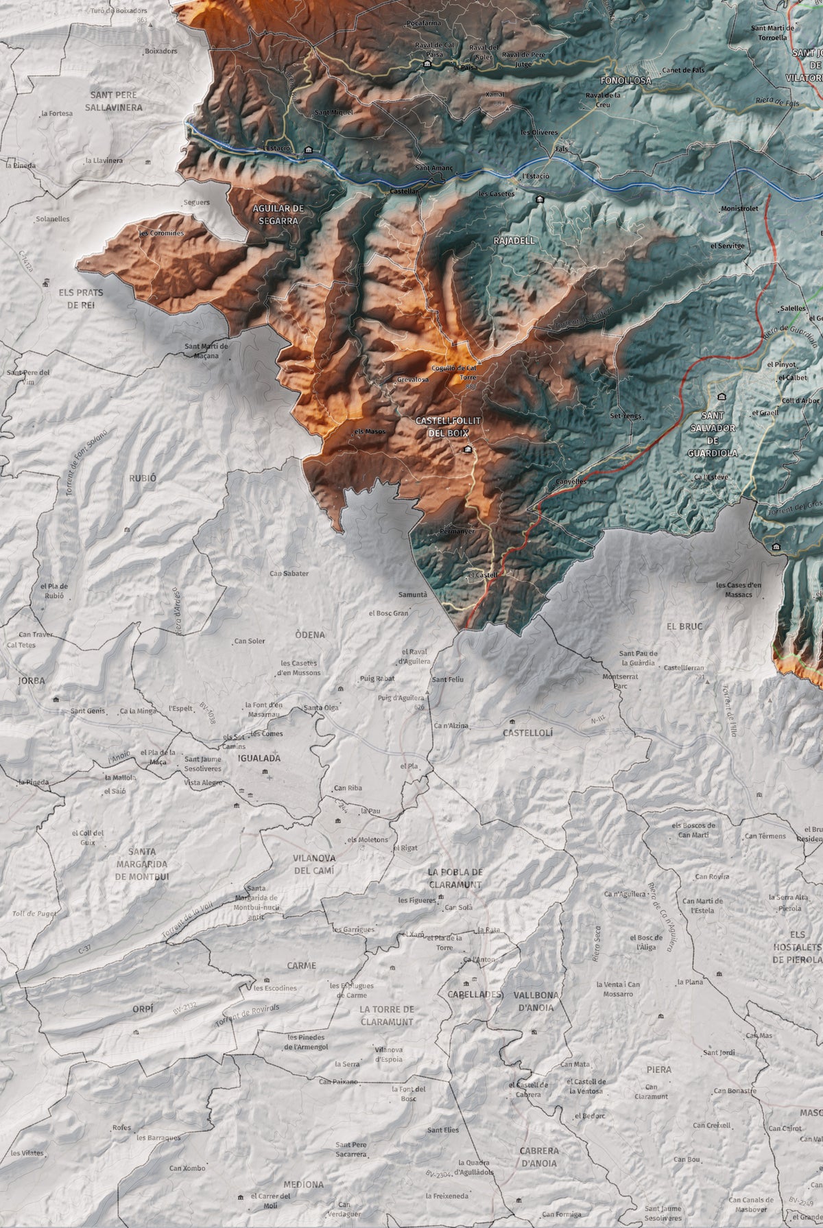 Mapa de relleu del Bages, amb el territori en color i l’entorn en blanc. Detall de la part inferior esquerra. 61 × 91 cm. Estil Blau i taronja.