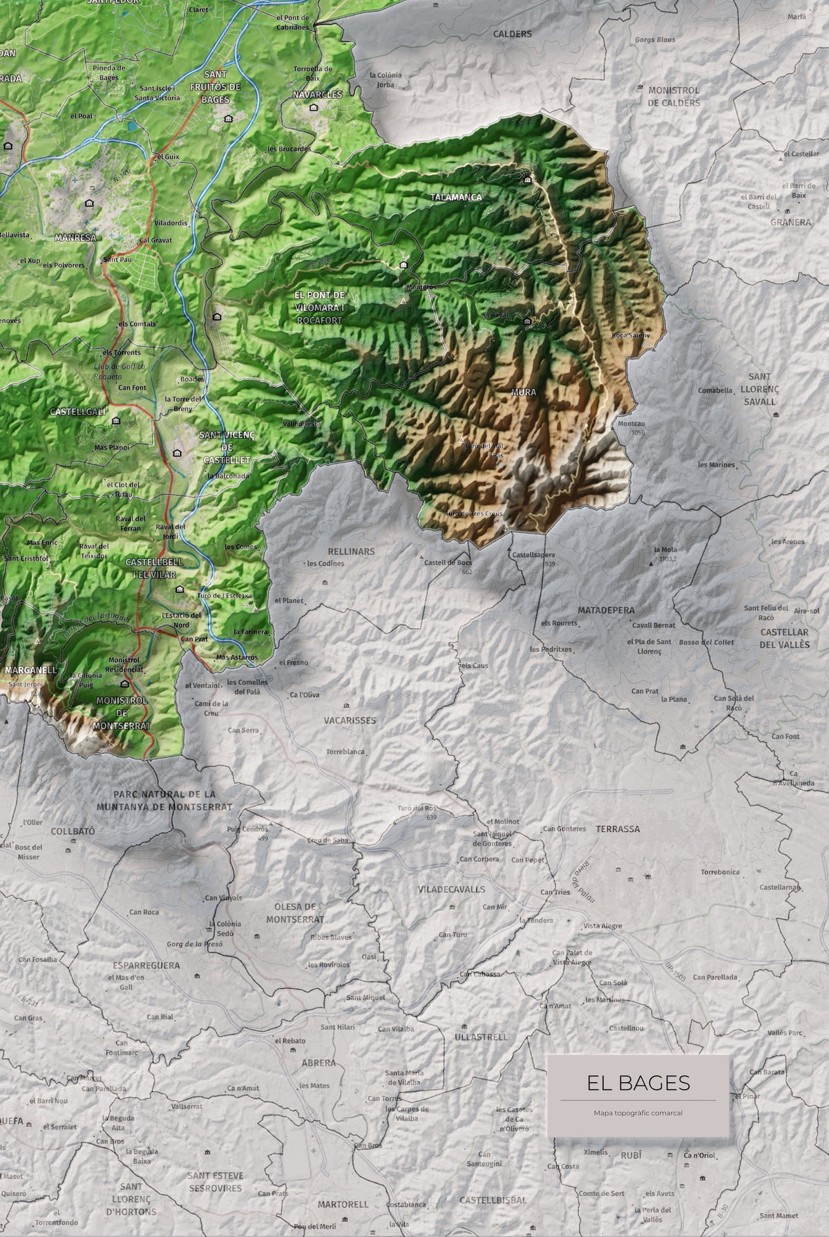 Mapa de relleu del Bages, amb el territori en color i l’entorn en blanc. Detall de la part inferior dreta. 61 × 91 cm. Estil Clàssic.