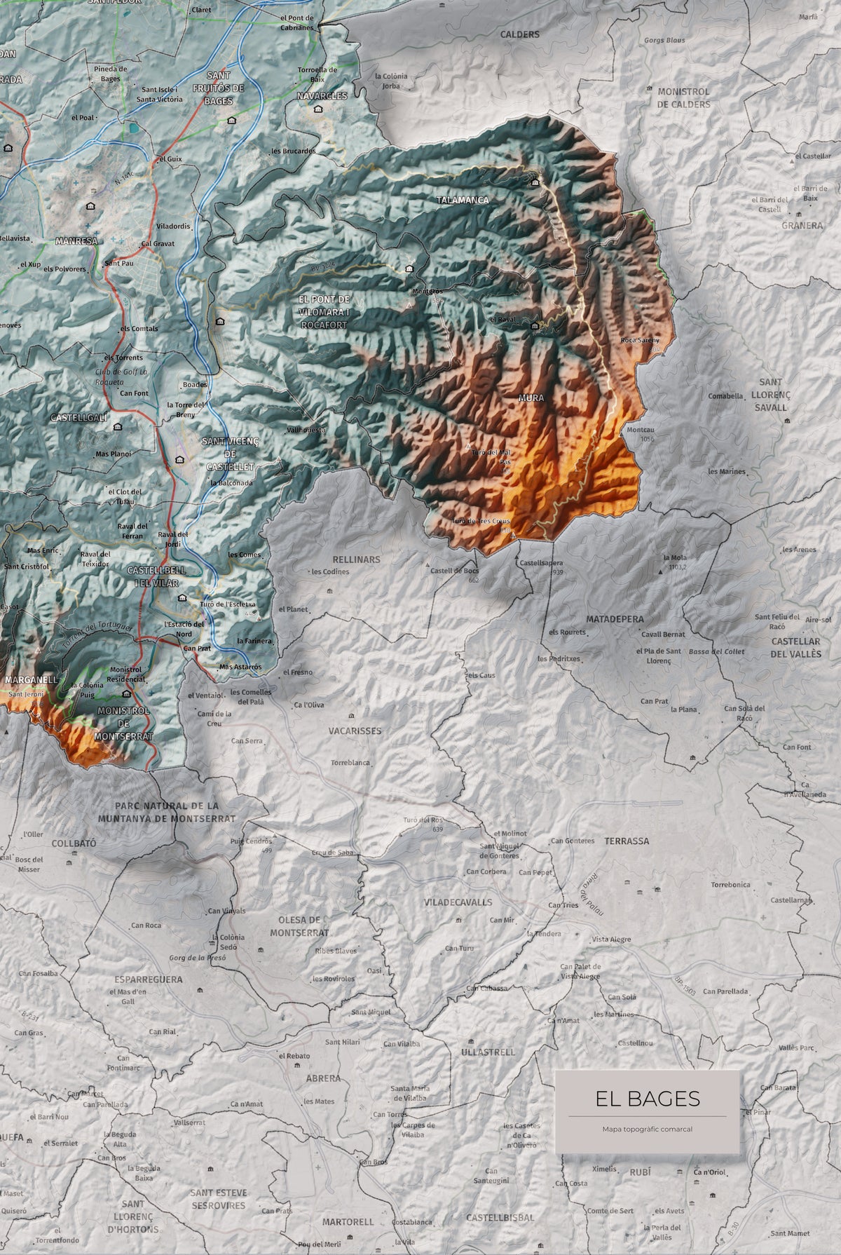 Mapa de relleu del Bages, amb el territori en color i l’entorn en blanc. Detall de la part inferior dreta. 61 × 91 cm. Estil Blau i taronja.