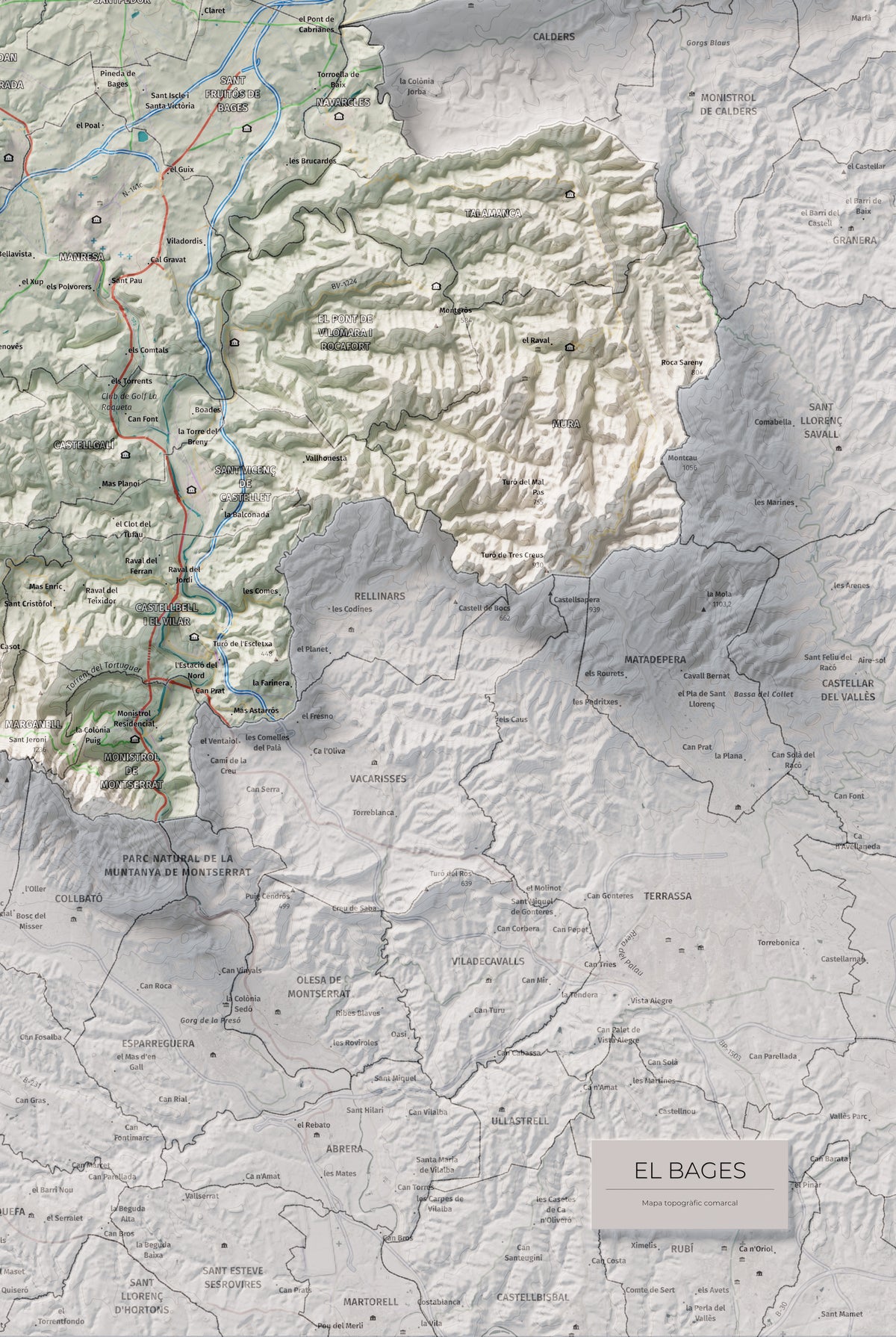 Mapa de relleu del Bages, amb el territori en color i l’entorn en blanc. Detall de la part inferior dreta. 61 × 91 cm. Estil Cartogràfic.