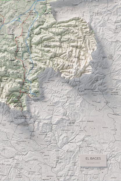 Mapa de relleu del Bages, amb el territori en color i l’entorn en blanc. Detall de la part inferior dreta. 61 × 91 cm. Estil Cartogràfic.