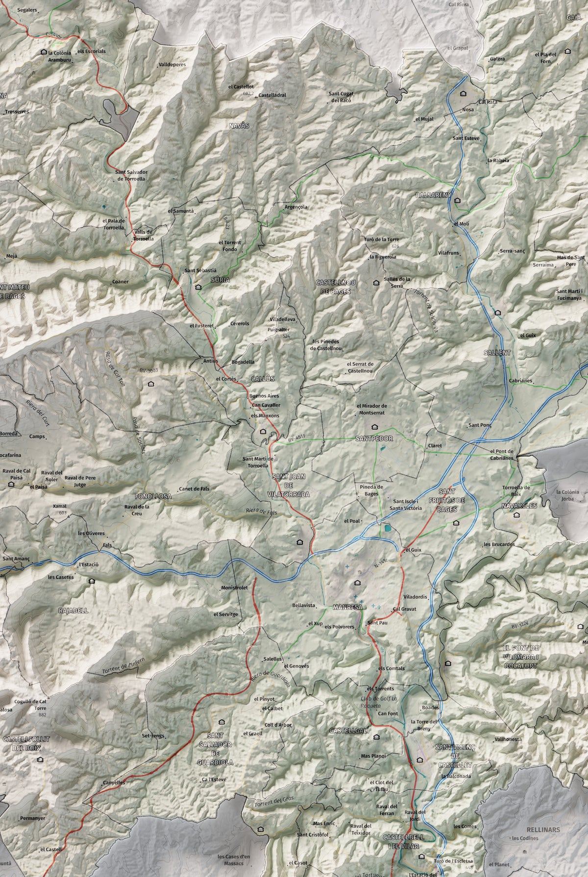 Mapa de relleu del Bages, amb el territori en color i l’entorn en blanc. Detall de la part central. 61 × 91 cm. Estil Cartogràfic.