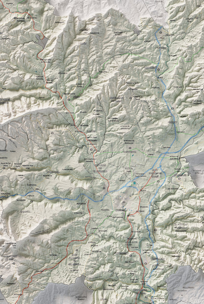 Mapa de relleu del Bages, amb el territori en color i l’entorn en blanc. Detall de la part central. 61 × 91 cm. Estil Cartogràfic.