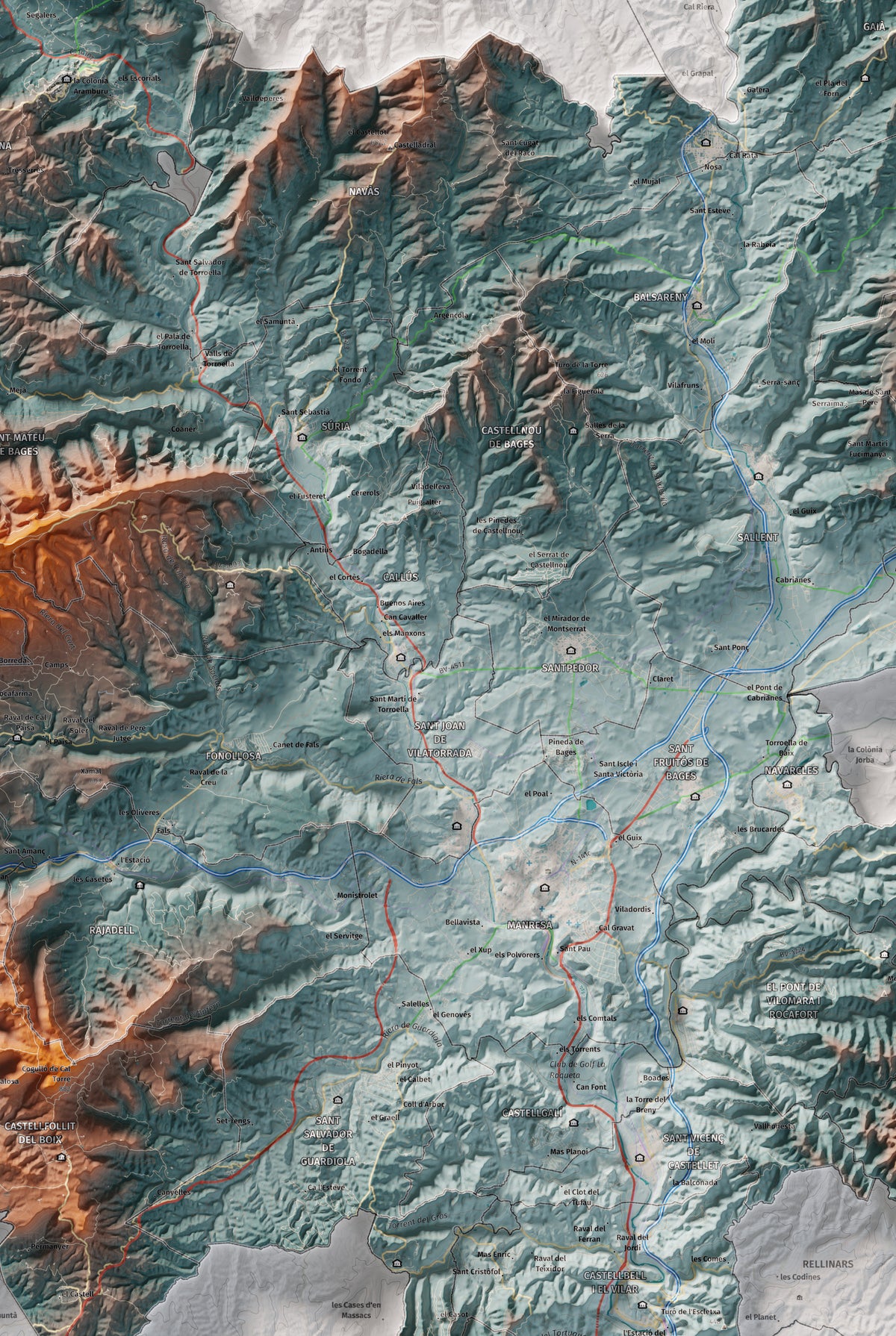Mapa de relleu del Bages, amb el territori en color i l’entorn en blanc. Detall de la part central. 61 × 91 cm. Estil Blau i taronja.