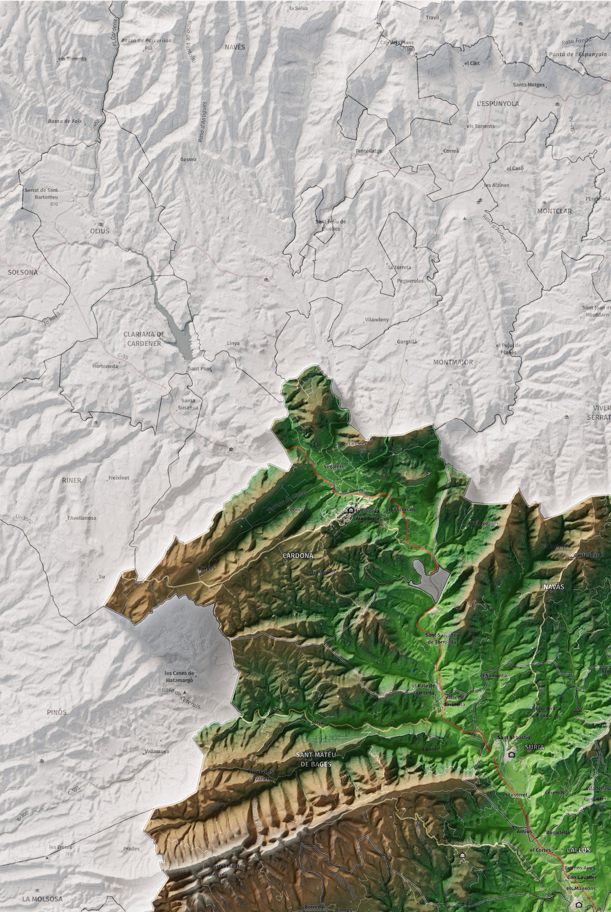 Mapa de relleu del Bages, amb el territori en color i l’entorn en blanc. Detall de la part superior esquerra. 61 × 91 cm. Estil Clàssic.