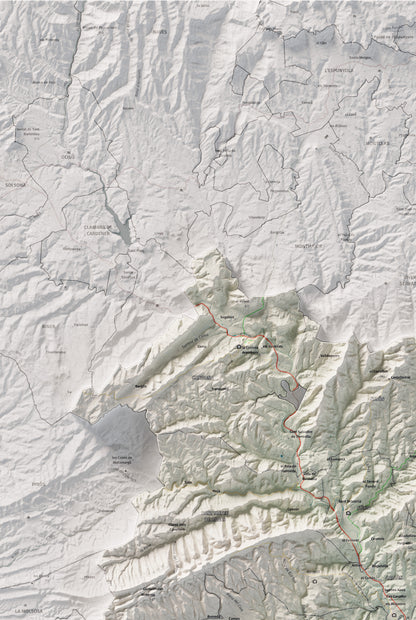 Mapa de relleu del Bages, amb el territori en color i l’entorn en blanc. Detall de la part superior esquerra. 61 × 91 cm. Estil Cartogràfic.