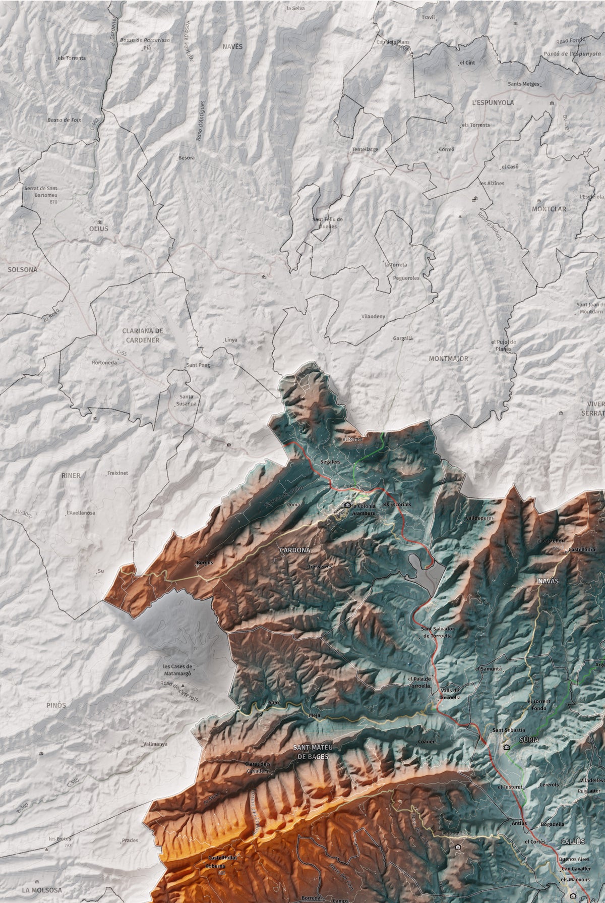 Mapa de relieve del Bages, con el territorio en color y el entorno en blanco. Detalle de la zona superior izquierda. 61 × 91 cm. Estilo Azul y naranja. Agua del mapa en blanco.