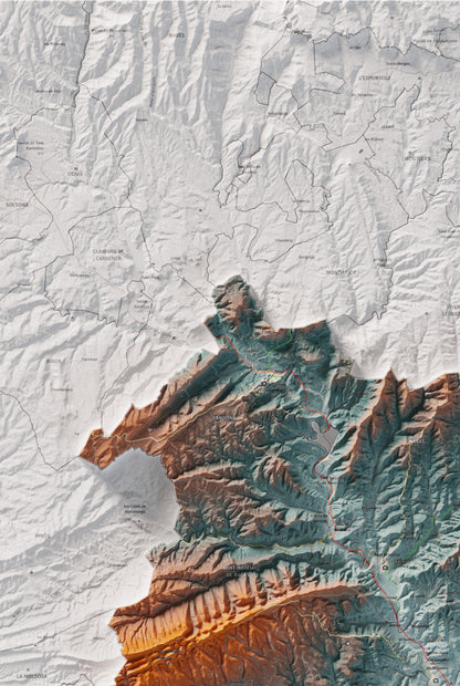 Mapa de relieve del Bages, con el territorio en color y el entorno en blanco. Detalle de la zona superior izquierda. 61 × 91 cm. Estilo Azul y naranja. Agua del mapa en blanco.