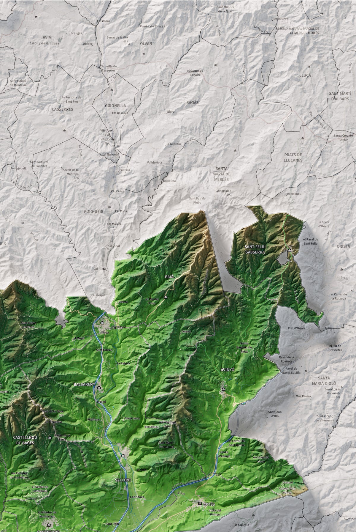 Mapa de relleu del Bages, amb el territori en color i l’entorn en blanc. Detall de la part superior dreta. 61 × 91 cm. Estil Clàssic.