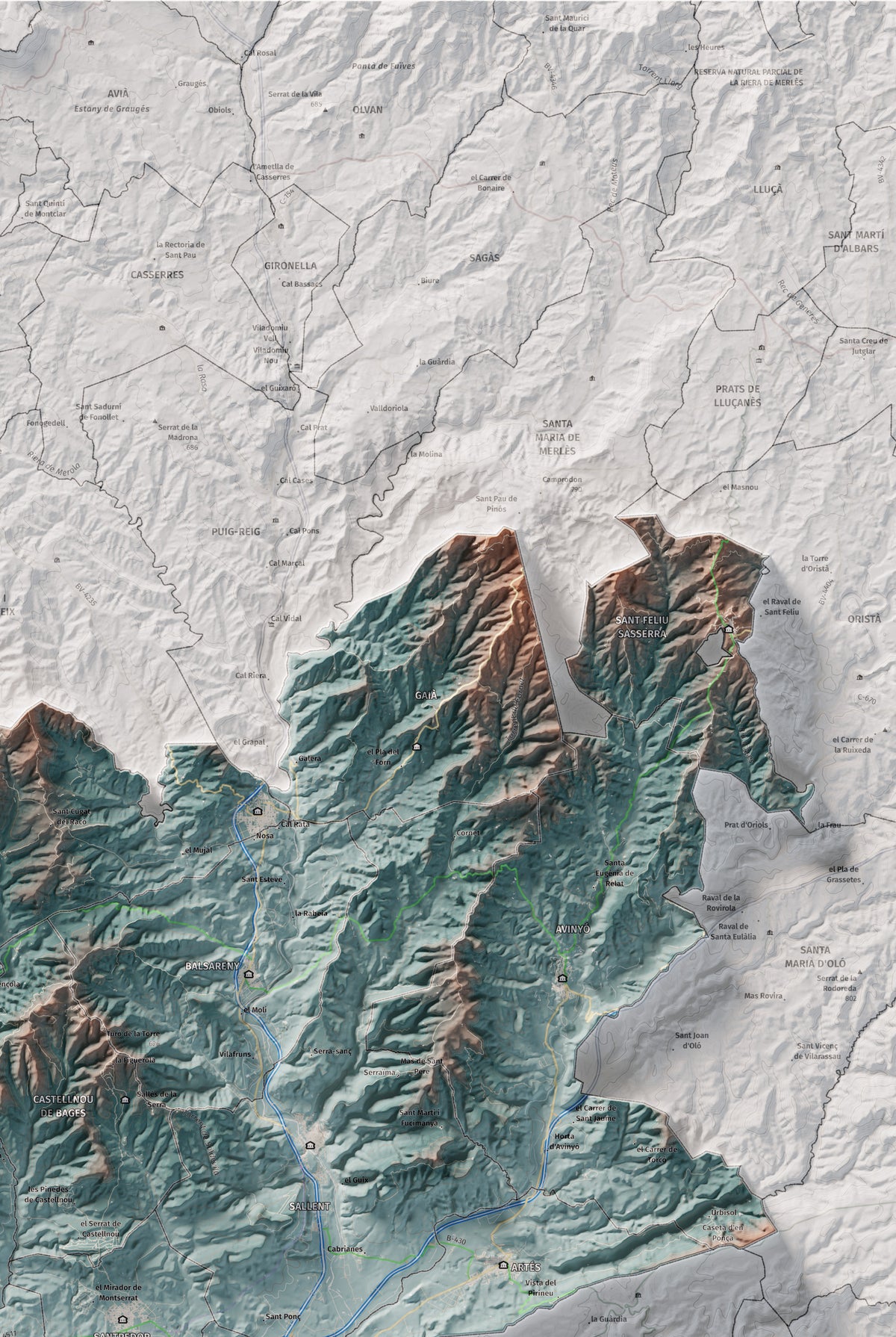 Mapa de relieve del Bages, con el territorio en color y el entorno en blanco. Detalle de la zona superior derecha. 61 × 91 cm. Estilo Azul y naranja. Agua del mapa en blanco.