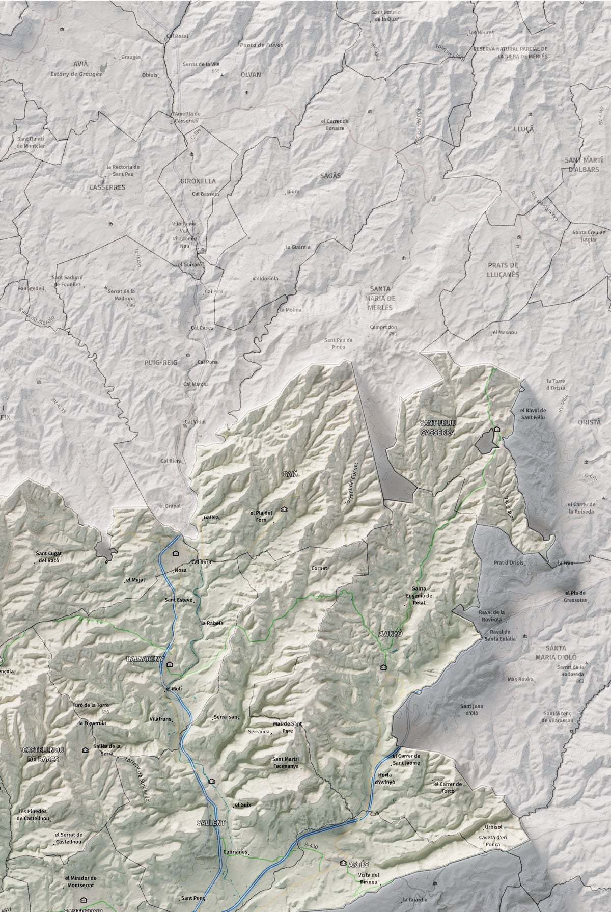 Mapa de relleu del Bages, amb el territori en color i l’entorn en blanc. Detall de la part superior dreta. 61 × 91 cm. Estil Cartogràfic.
