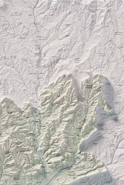 Mapa de relleu del Bages, amb el territori en color i l’entorn en blanc. Detall de la part superior dreta. 61 × 91 cm. Estil Cartogràfic.