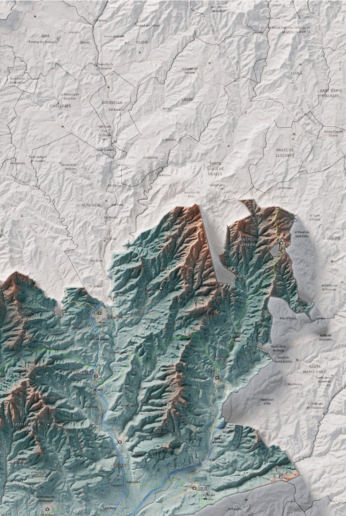Mapa de relleu del Bages, amb el territori en color i l’entorn en blanc. Detall de la part superior dreta. 61 × 91 cm. Estil Blau i taronja.