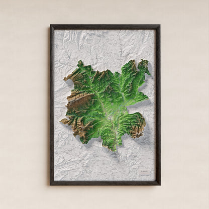 Mapa de relleu del Bages, amb el territori en color i l’entorn en blanc. Presentació amb marc. 61 × 91 cm. Estil Clàssic.