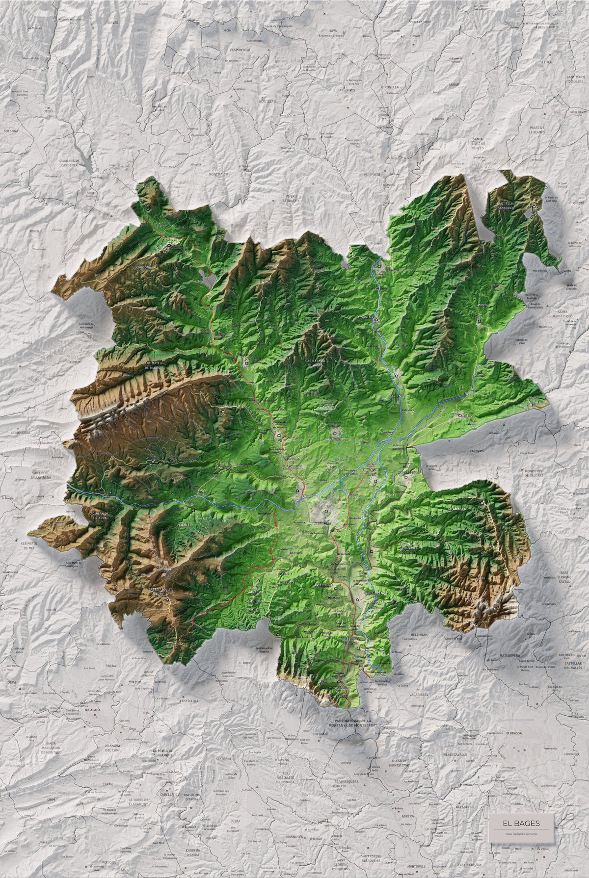 Mapa de relleu del Bages, amb el territori en color i l’entorn en blanc. Vista completa de la làmina. 61 × 91 cm. Estil Clàssic.