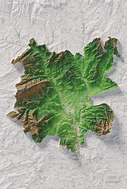 Mapa de relleu del Bages, amb el territori en color i l’entorn en blanc. Vista completa de la làmina. 61 × 91 cm. Estil Clàssic.